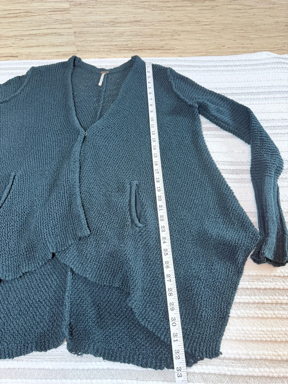 Free People Oversized Knit Cardigan Teal Green Blue Asymmetrical Hem Pockets S